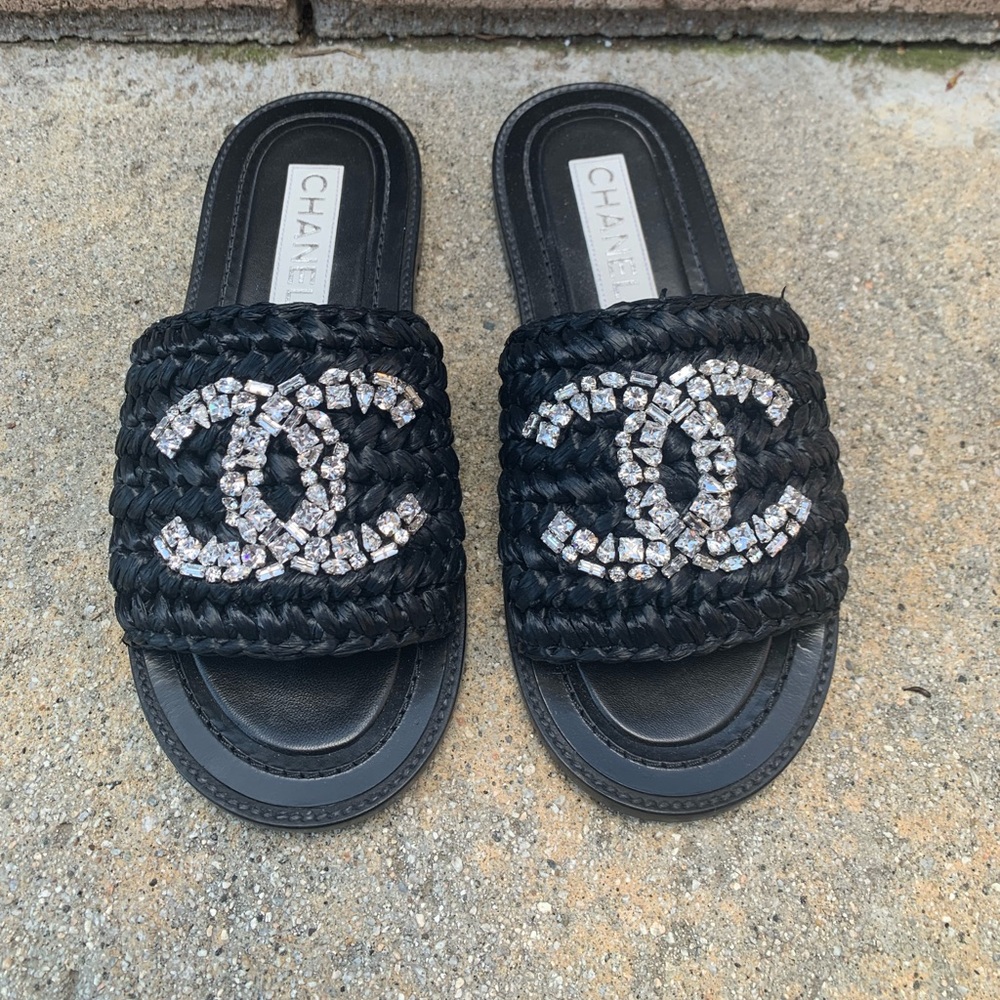 RECEIPT Chanel Braided Raffia Crystal Embellished CC Flat Slides in Black